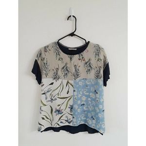 Womens Zara Basic Silky Casual Navy Work T-shirt w Spring Floral Detail sz S